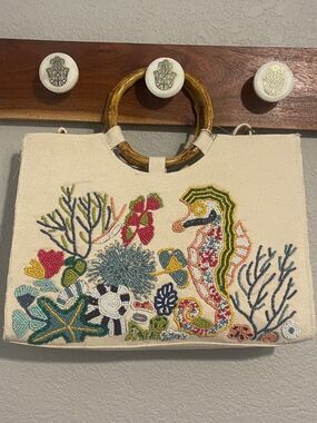 Cream Beaded Seahorse Canvas Purse with Bamboo Handles - Vacation / Travel Tote